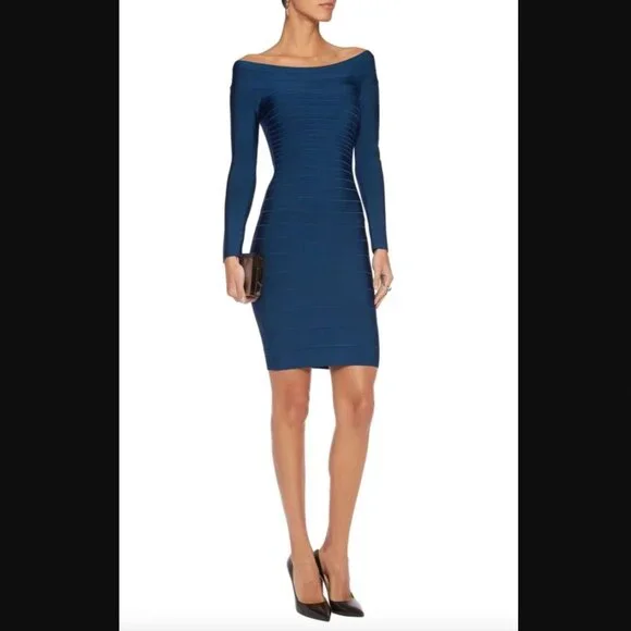 $1050 Herve Leger Max Azria Blue Bandage Candice Long Sleeve Dress size Small - Picture 1 of 10